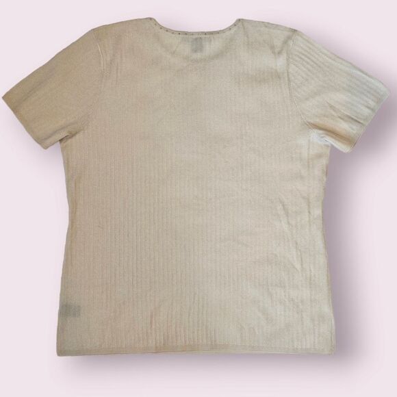 St. John Top Studded Neck line Ribbed Cream Short Sleeve Shirt  Sz Large Vintage - Picture 6 of 8